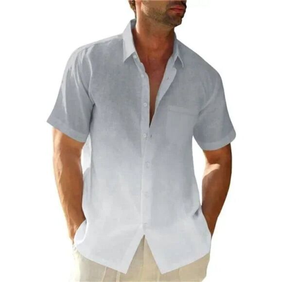 Men's Gradient Linen Shirt Casual Button Down Short Sleeve Summer Shirt, Gray - Picture 1 of 6